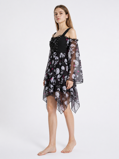 Gothic Skull Asymmetrical Tie-Front Dress side view