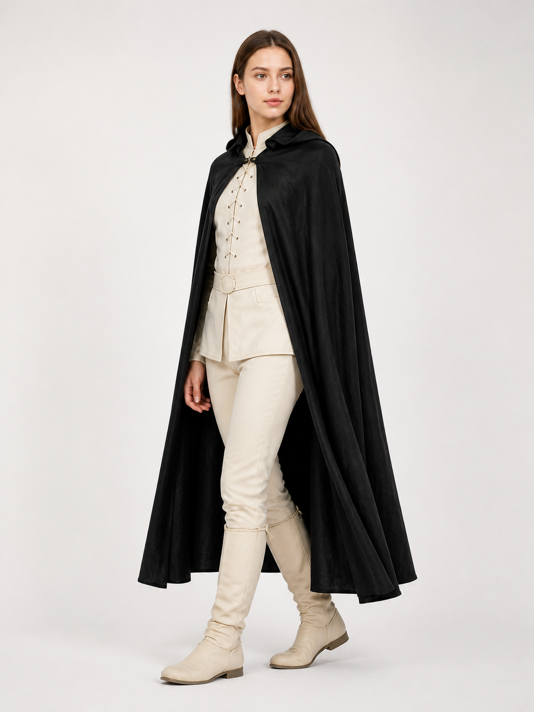 Black Long Hooded Cotton-Linen Cloak side view 6