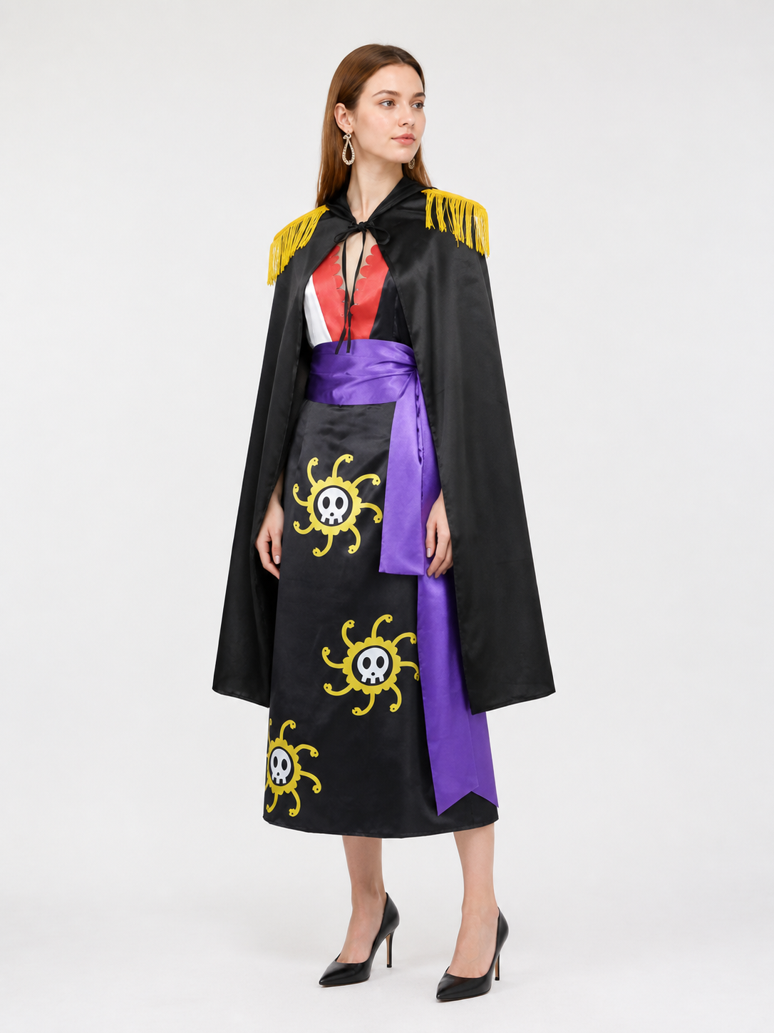 Black Carnival Costume with Cape and Skulls for Cosplay side view