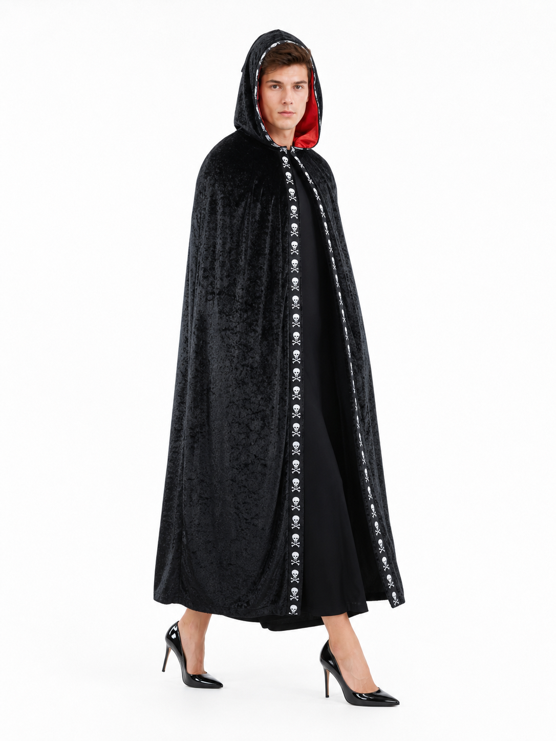 Black carnival cape with hood and skulls