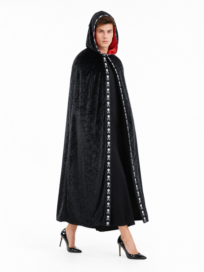 Black carnival cape with hood and skulls