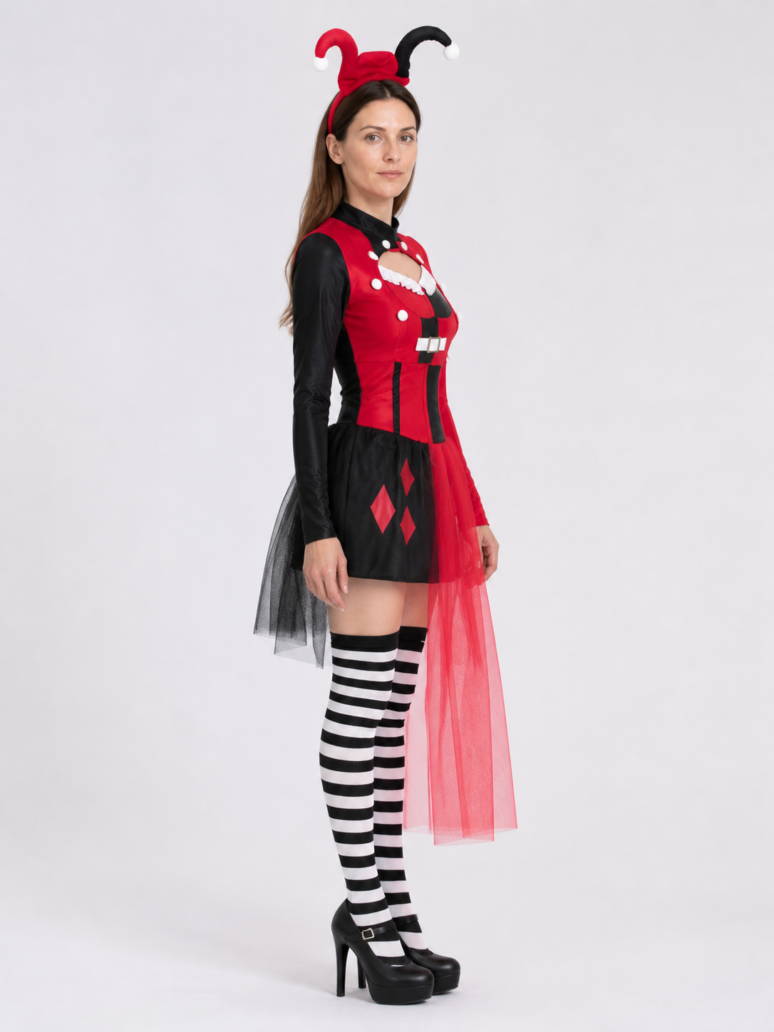 Red and Black Clown Costume with Skirt and Train side view