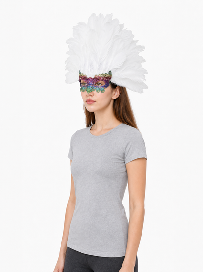Masquerade headpiece with feathers and a mask