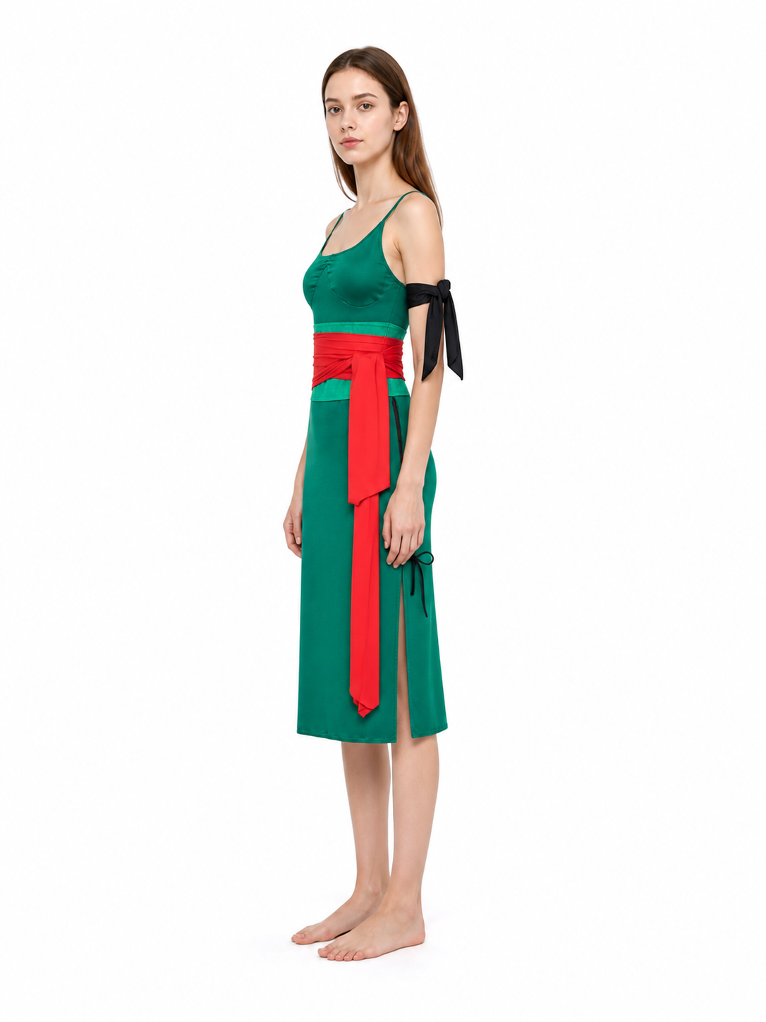 Green Sleeveless Anime Cosplay Dress with Red Belt side view