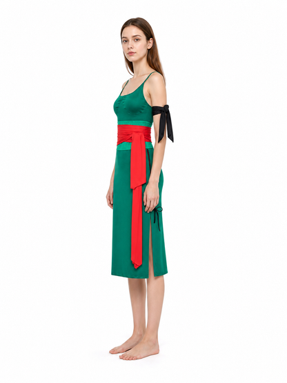 Green Sleeveless Anime Cosplay Dress with Red Belt side view