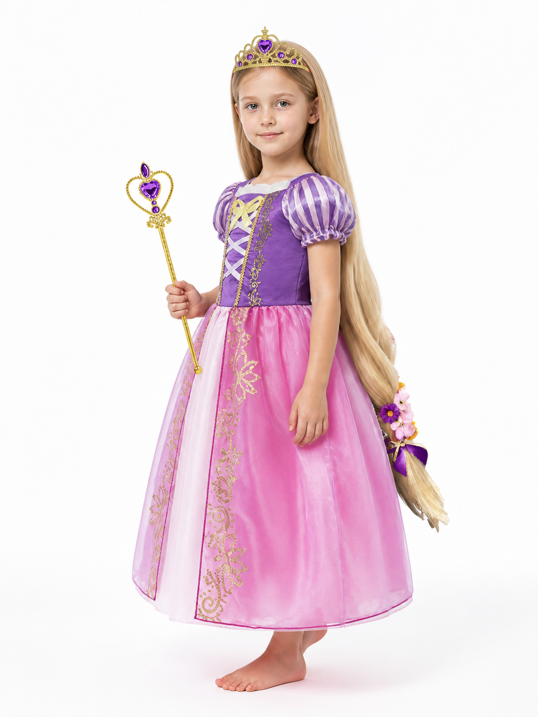 Rapunzel Princess Costume with Wig and Crown side view