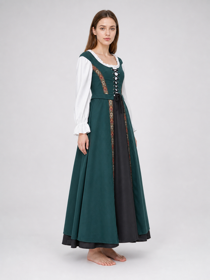 The retro dress is designed in a courtly style and comes with a woven headpiece. The dress is presented in deep green with long white sleeves, white trim along the edge of the collar and cuffs, and crisscross lacing at the front that emphas