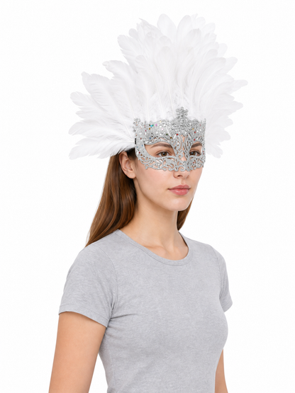 Masquerade Mask with White Feathers and Glitter