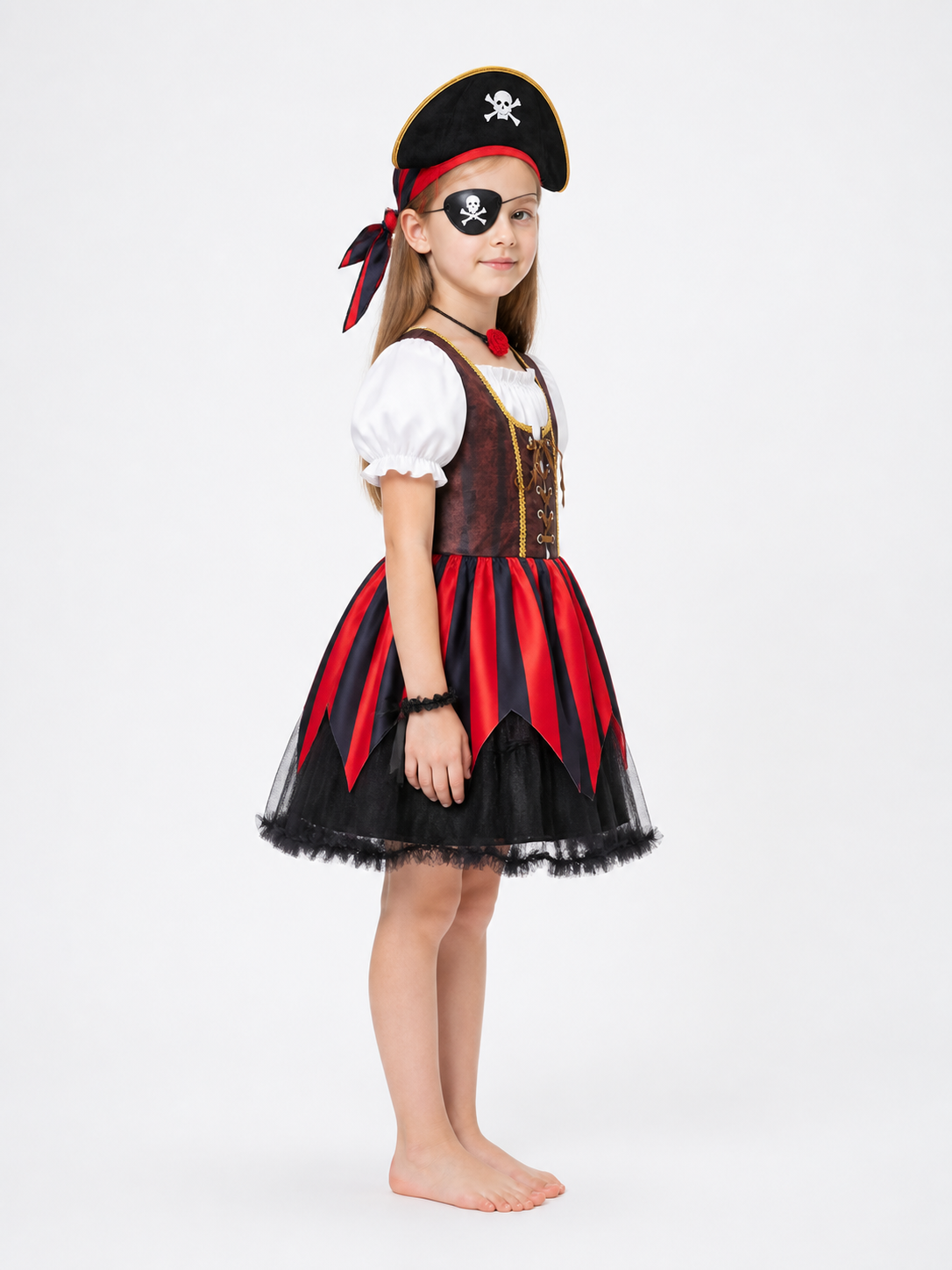 Children’s pirate costume with a full skirt and hat for Halloween side view