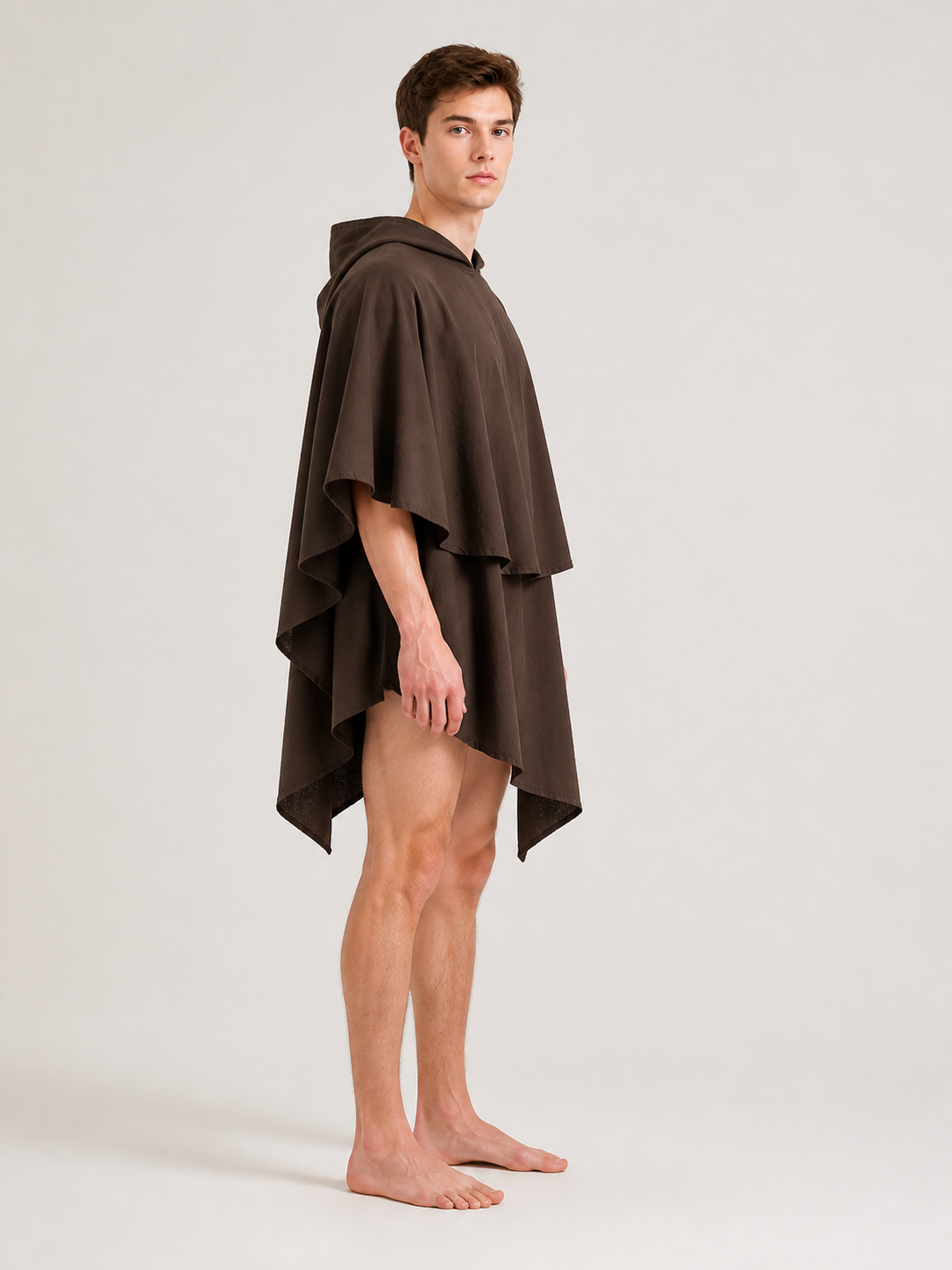 Women's Hooded Wanderer Cloak Costume with Layered Hem, Shoulder Draped Pleats side view 6