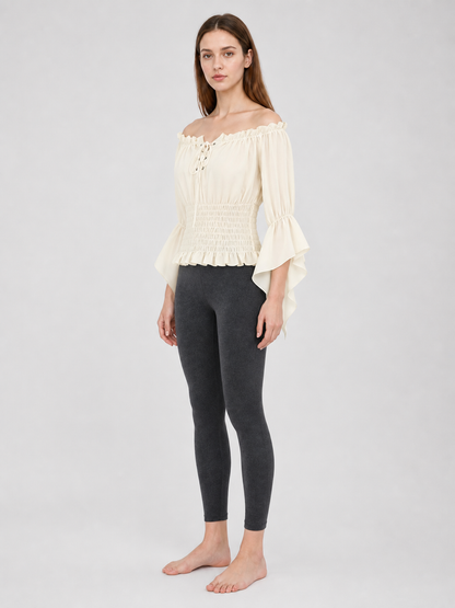 Off-the-Shoulder Lace-Up Blouse, Beige