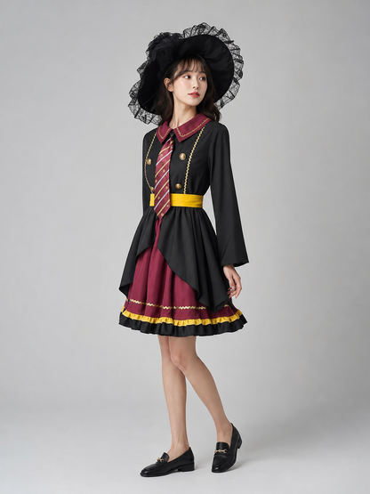 The costume dress features a combination of black, burgundy, gold, and yellow colors. The design has a black long sleeve and a burgundy notched collar attached to the dress bodice. The front is decorated with a diagonal striped panel, while