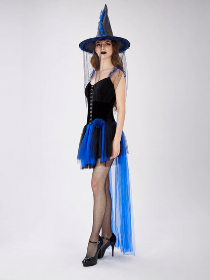 Witch Dress with Blue Roses and a Sheer Train