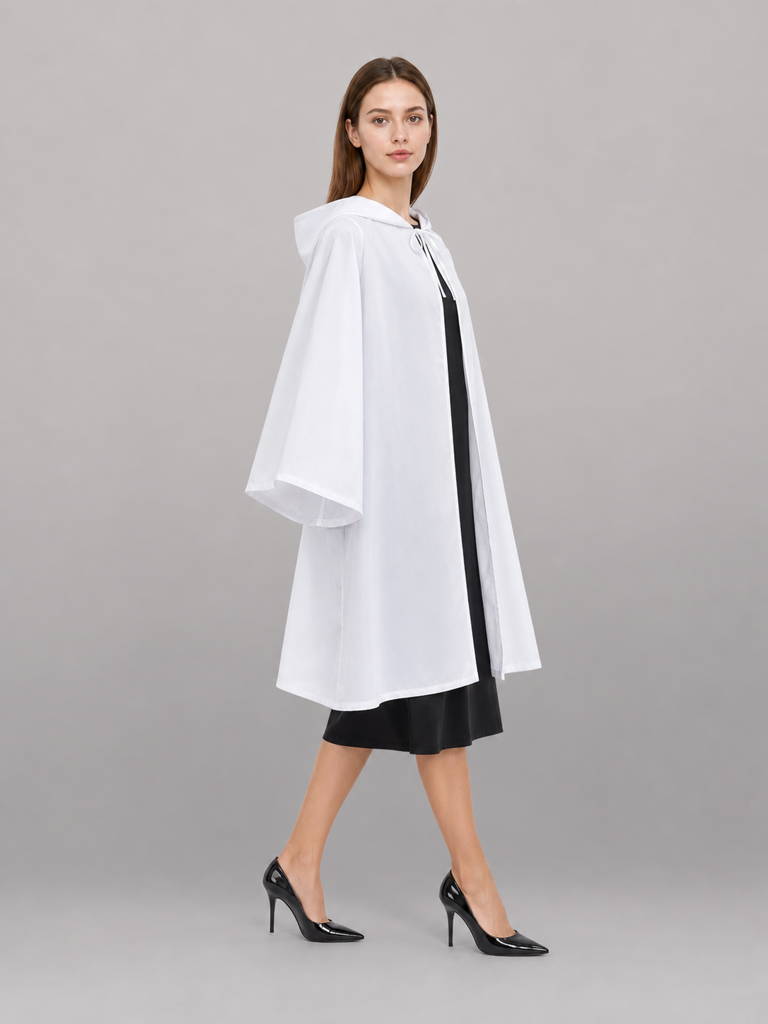 White Carnival Cloak with Hood and Wide Sleeves
