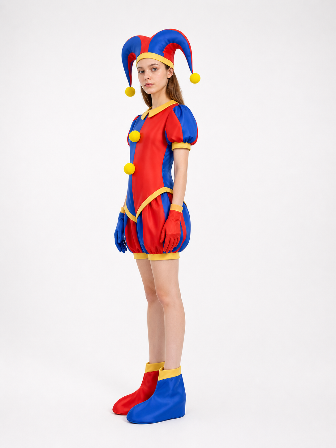 Pomni Clown Cosplay Costume with Hat and Gloves side view