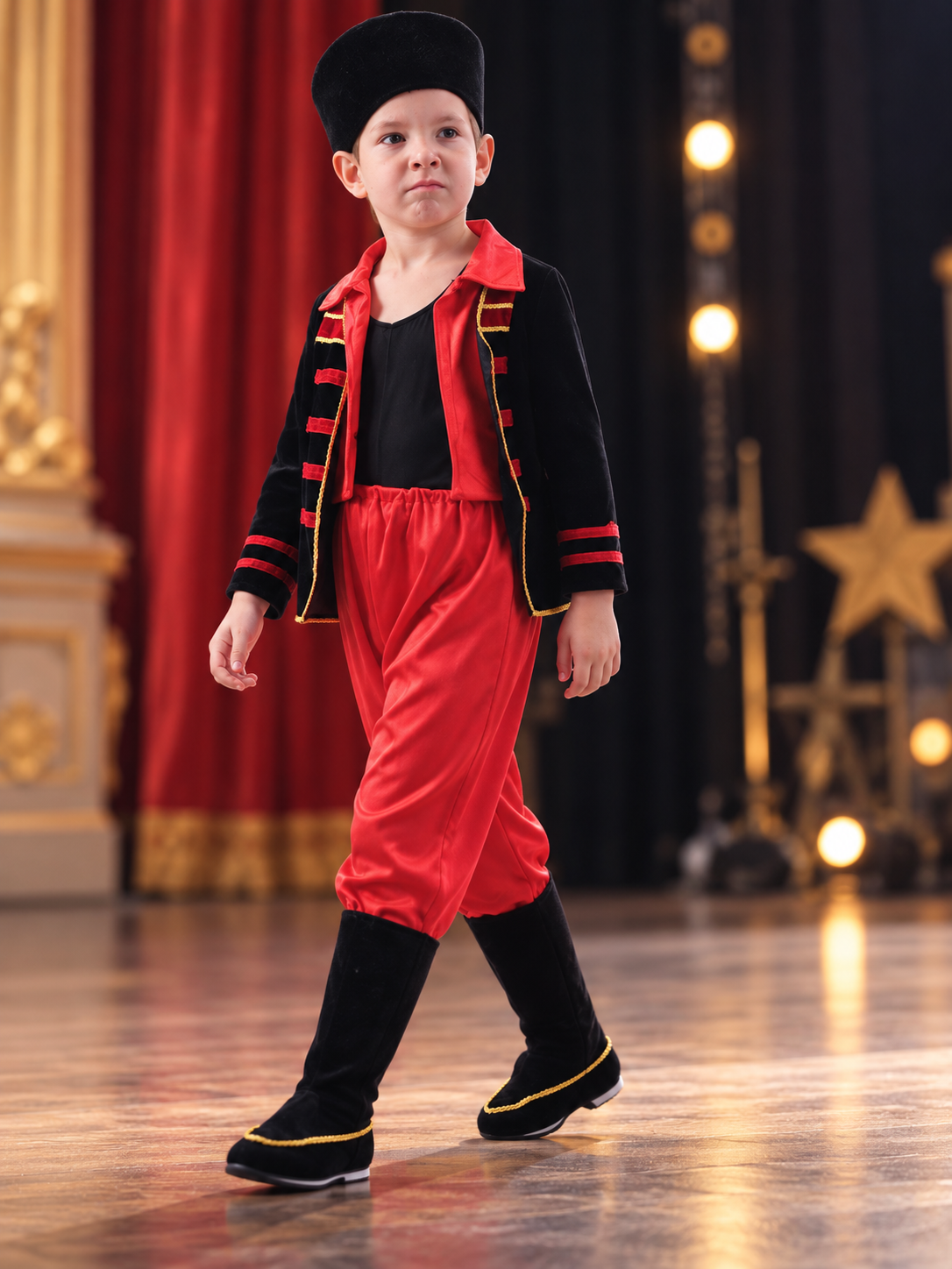 Children’s stage costume with shoes and headwear side view