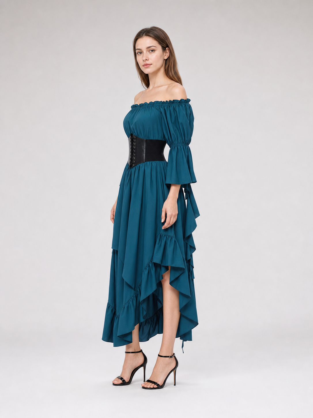 Off-the-Shoulder Dress with Ruffles and Corset Panel