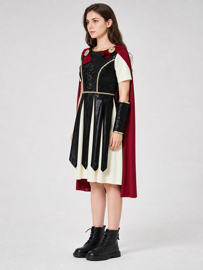 Retro-Style Dress with Red Cape