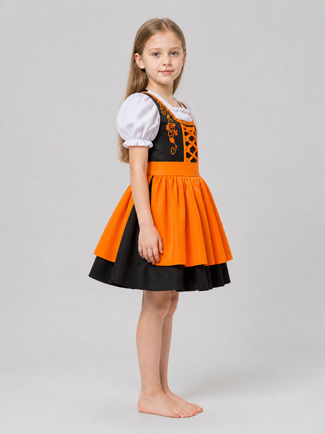 Orange Dirndl Dress with Bodice and Full Skirt side view