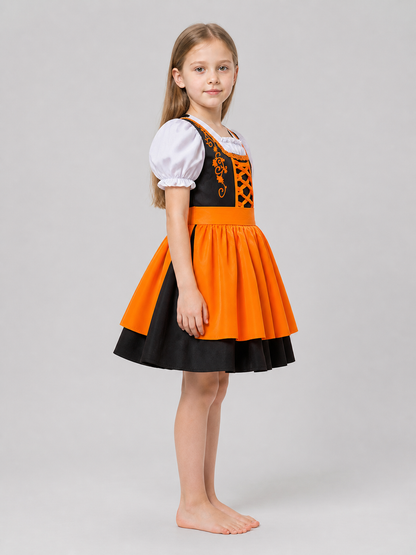 Orange Dirndl Dress with Bodice and Full Skirt side view