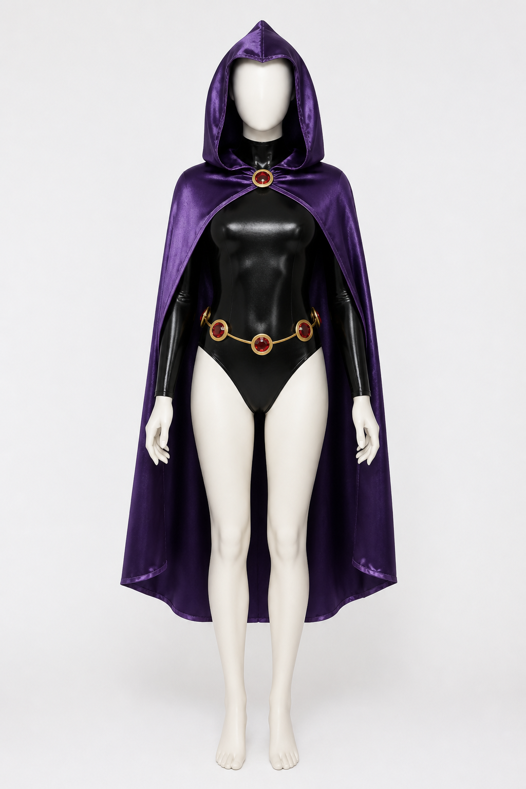 Raven Costume with Black Jumpsuit and Purple Cape side view
