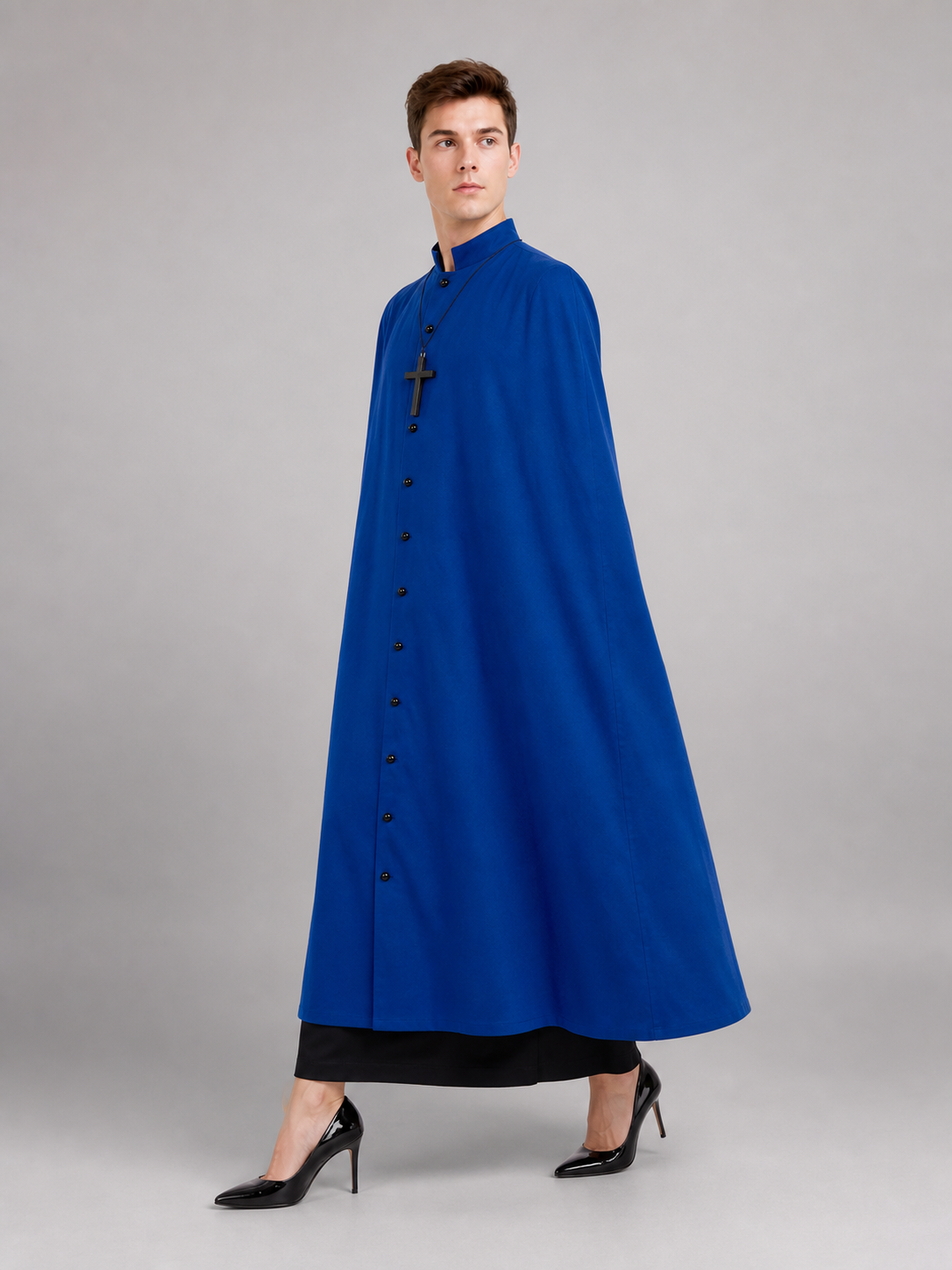 This is a long blue straight-cut robe with long sleeves, a high stand collar