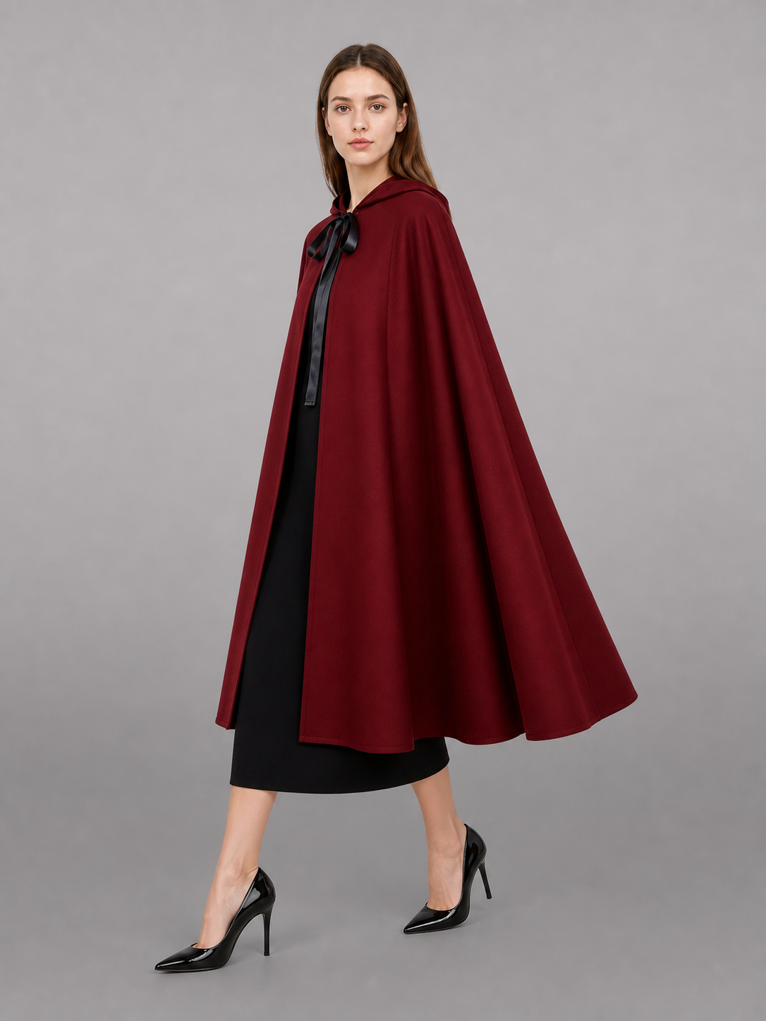 Long Burgundy Carnival Cloak with Hood