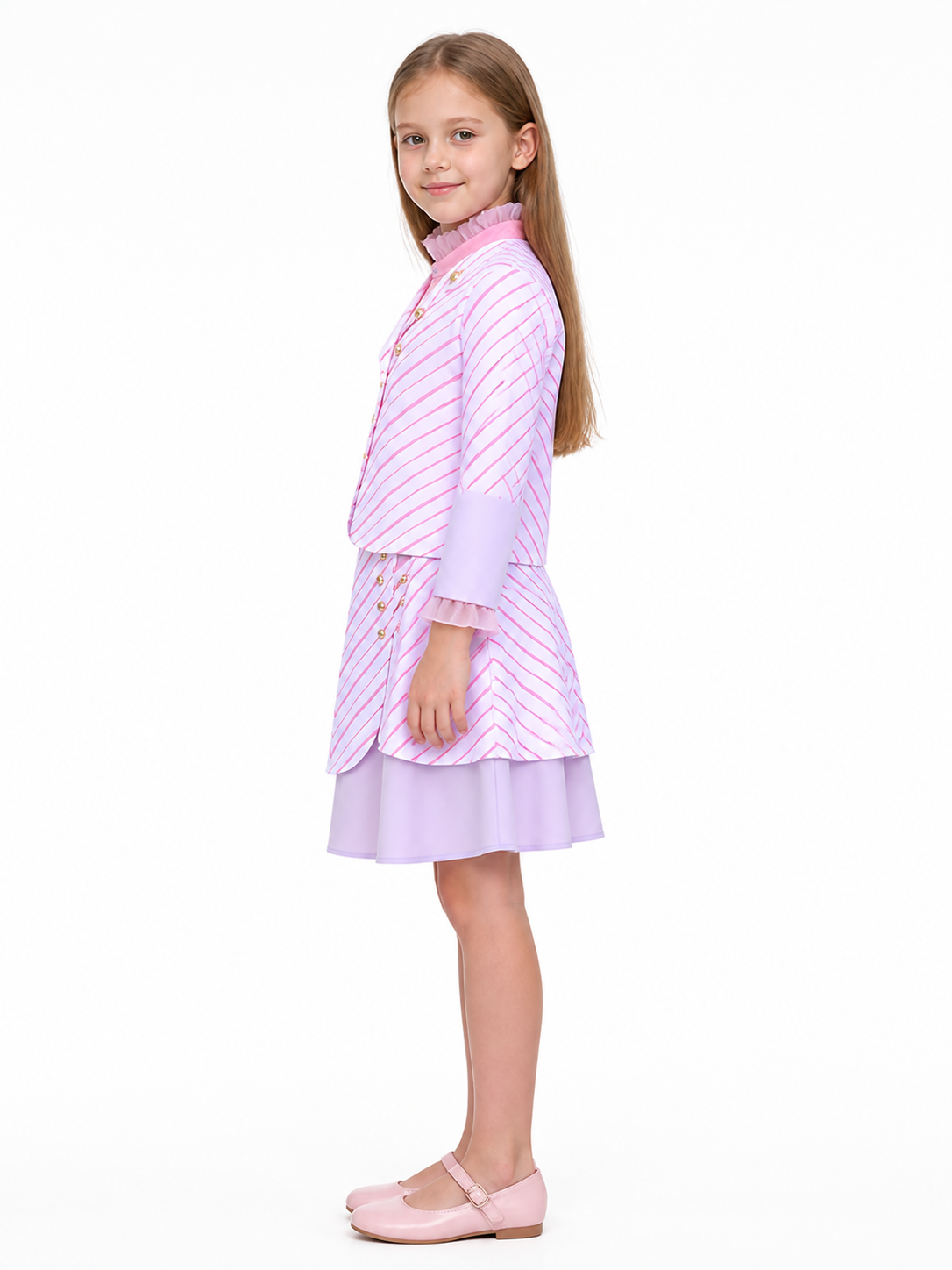 Kids Wicked Glinda Costume Set – 3 Piece Pink Striped Outfit with Gold Buttons side view