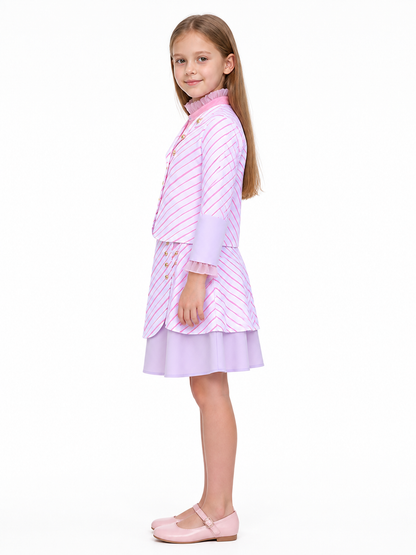 Kids Wicked Glinda Costume Set – 3 Piece Pink Striped Outfit with Gold Buttons side view