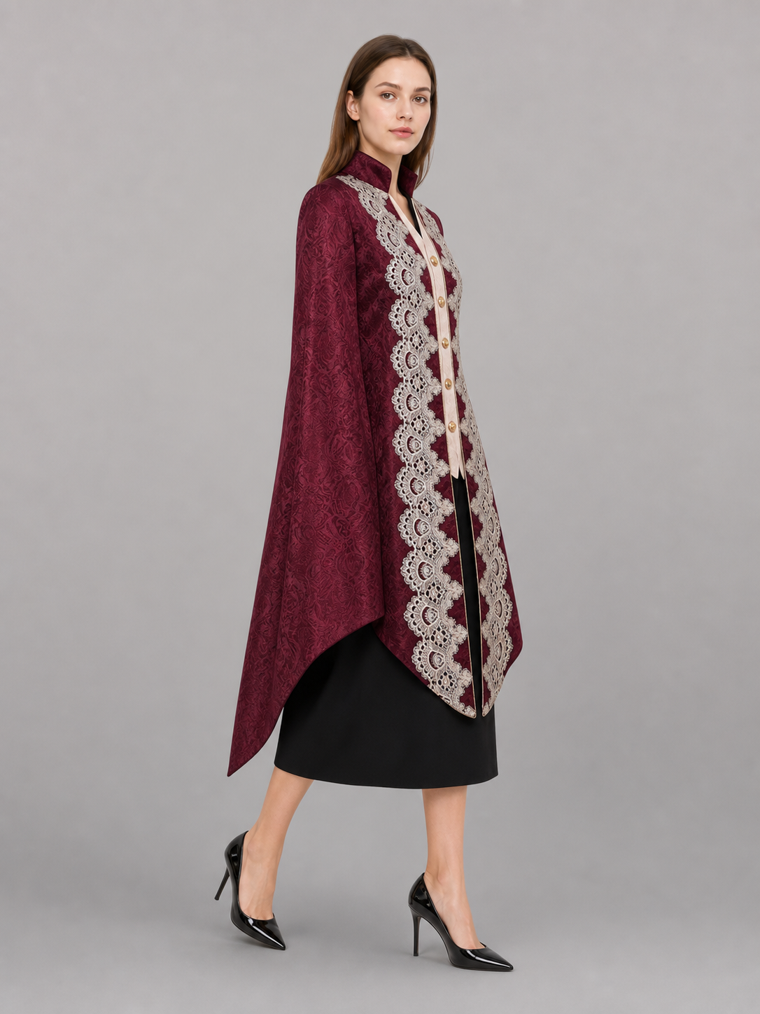 Vintage Burgundy Carnival Cape with Lace