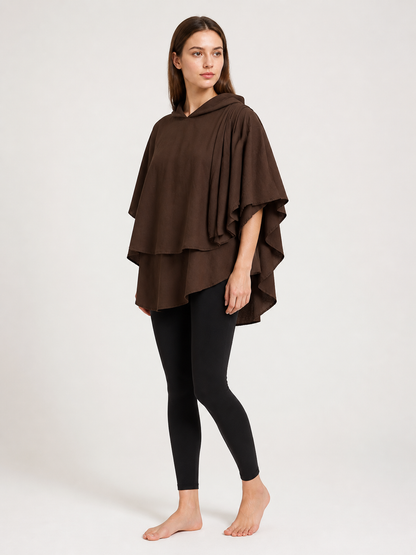 Women's Hooded Wanderer Cloak Costume with Layered Hem, Shoulder Draped Pleats side view 5