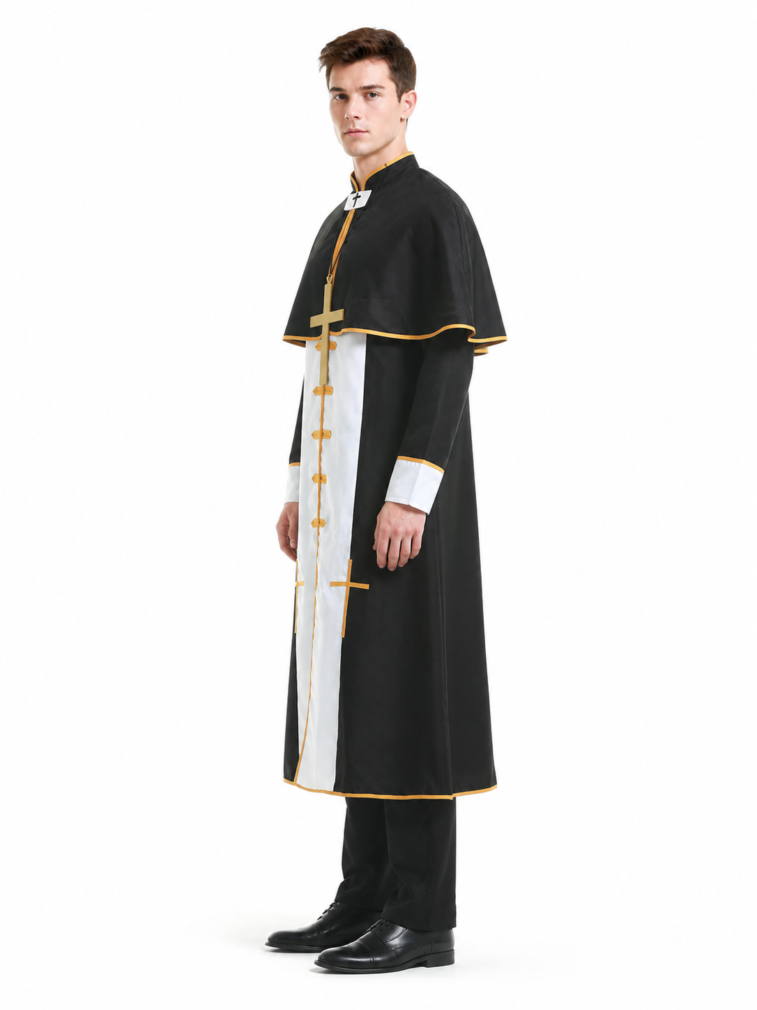 Black Cassock with Cross and Gold Trim side view