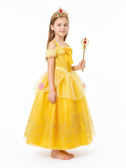 Belle Costume: Yellow Dress with Crown and Wand side view