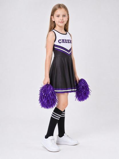 Cheerleading costume with pom-poms, dress, and leg warmers