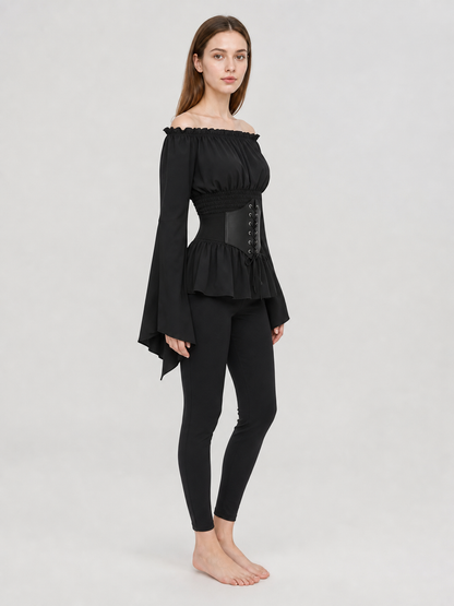 Black Gothic Peplum Top with Lace-Up Belt