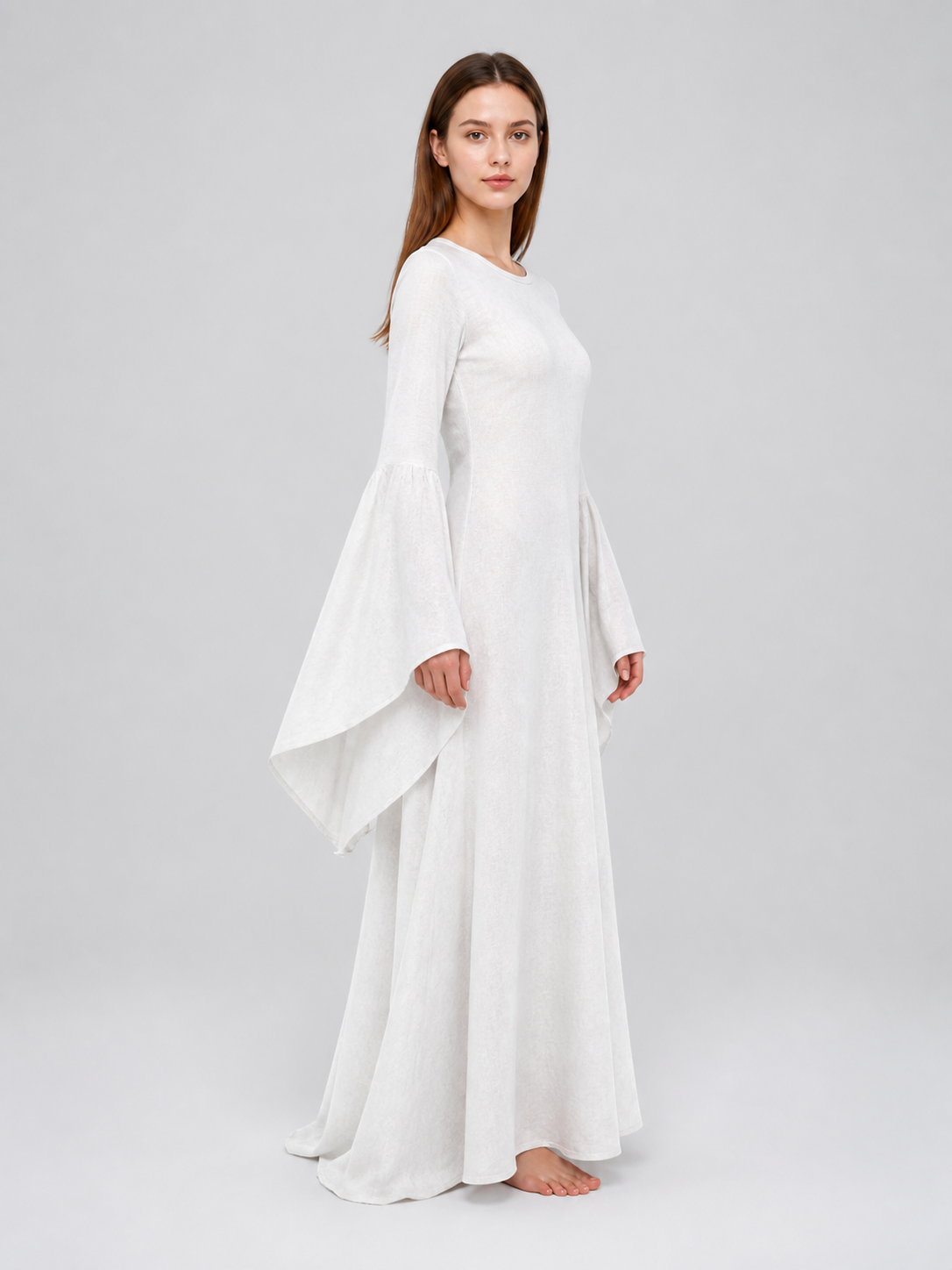 White Boho Maxi Dress with Belt and Flared Sleeves