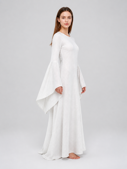 White Boho Maxi Dress with Belt and Flared Sleeves