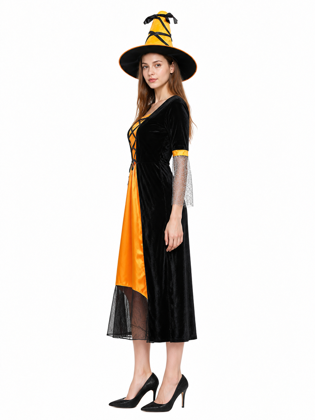 Black and Silver Dress with Witch Hat side view