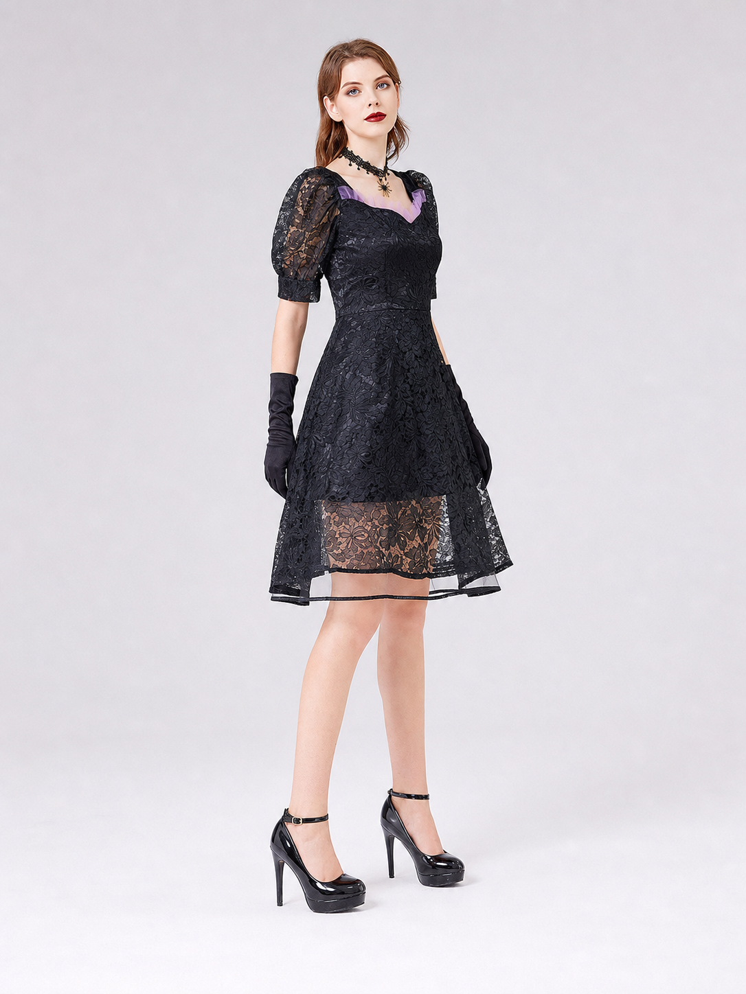 Gothic Lace Dress with Purple Trim side view