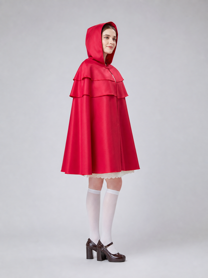 Red Hooded Cape with Triple Ruffles side view