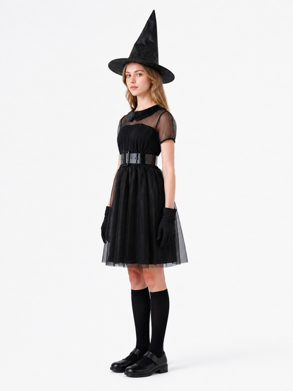 Children's black witch costume with a mesh skirt side view
