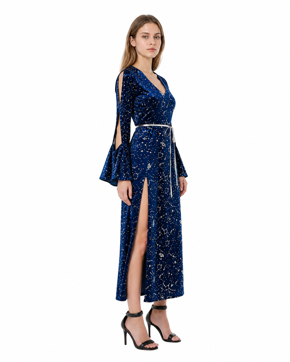 Long Blue Dress with Star and Moon Print, Flared Sleeves side view
