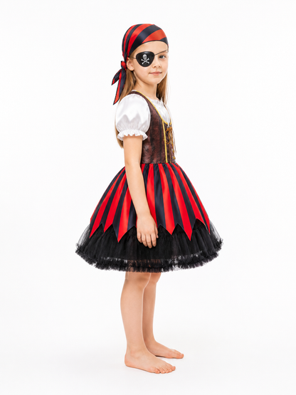 Red and Black Pirate Costume with Full Skirt side view