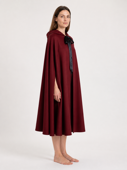 Wine-Colored Hooded Cape with Black Ties for Halloween side view