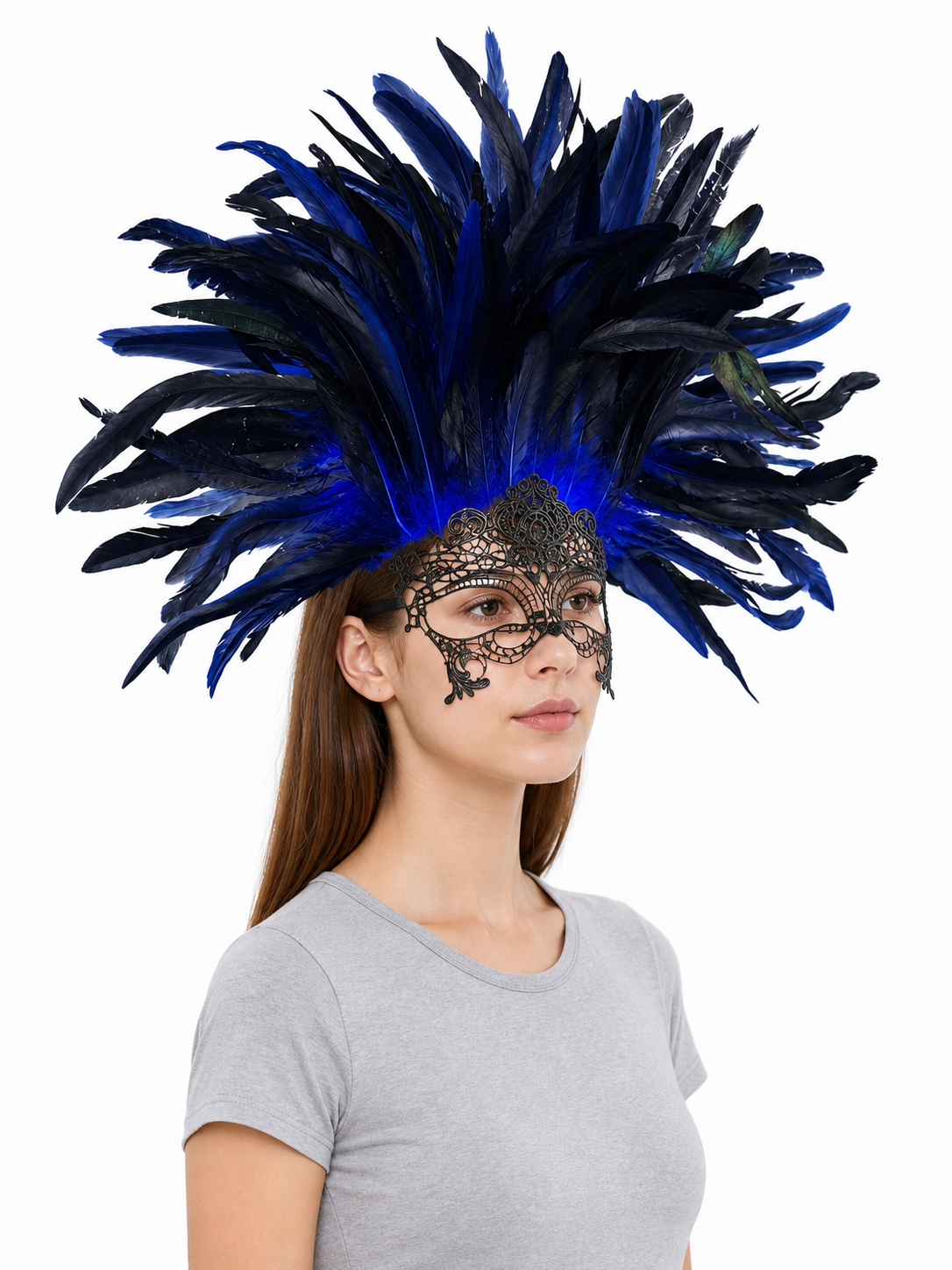 Carnival Headpiece with Blue-and-Black Feathers and Mask