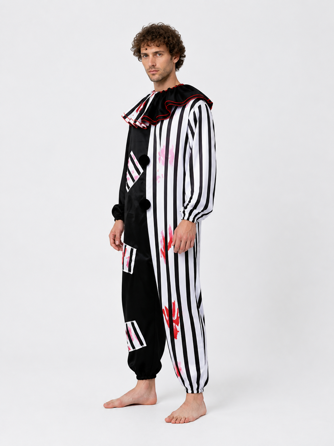 Striped Clown Jumpsuit with Ruffled Collar side view