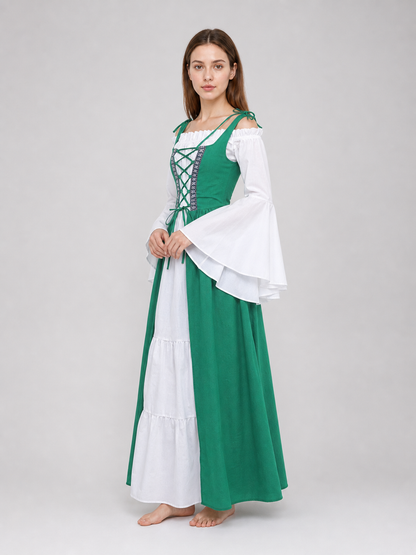 Green-and-White Medieval-Style Dress with Lacing
