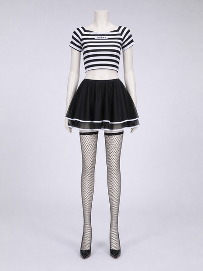 Black-and-White Striped Stage Costume with Skirt