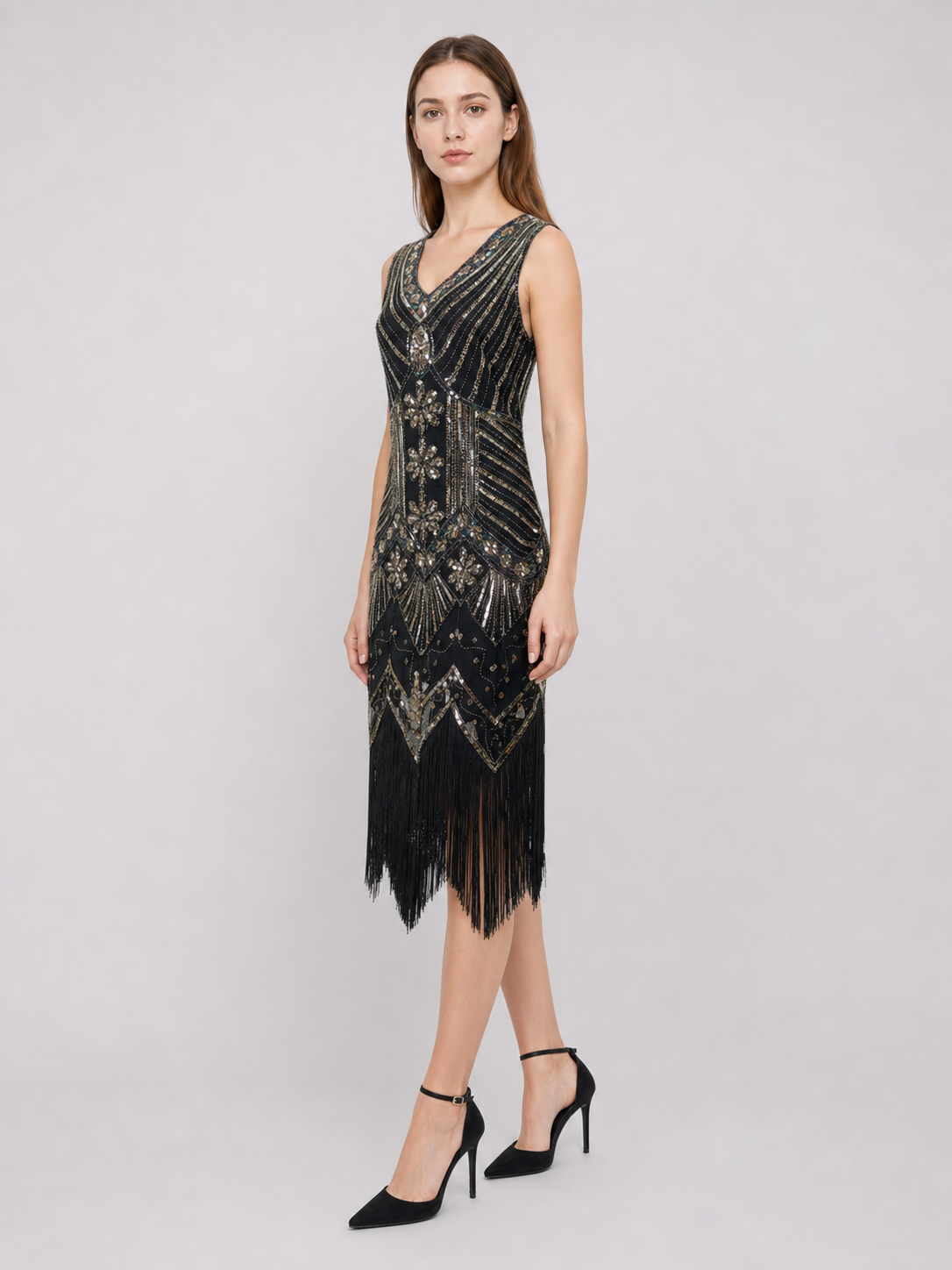 Art Deco Dress with Geometric Decoration and Fringe