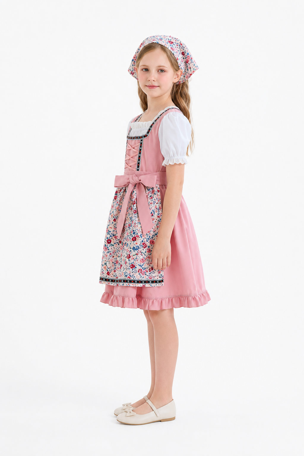 Children's dirndl-style dress with apron and headscarf